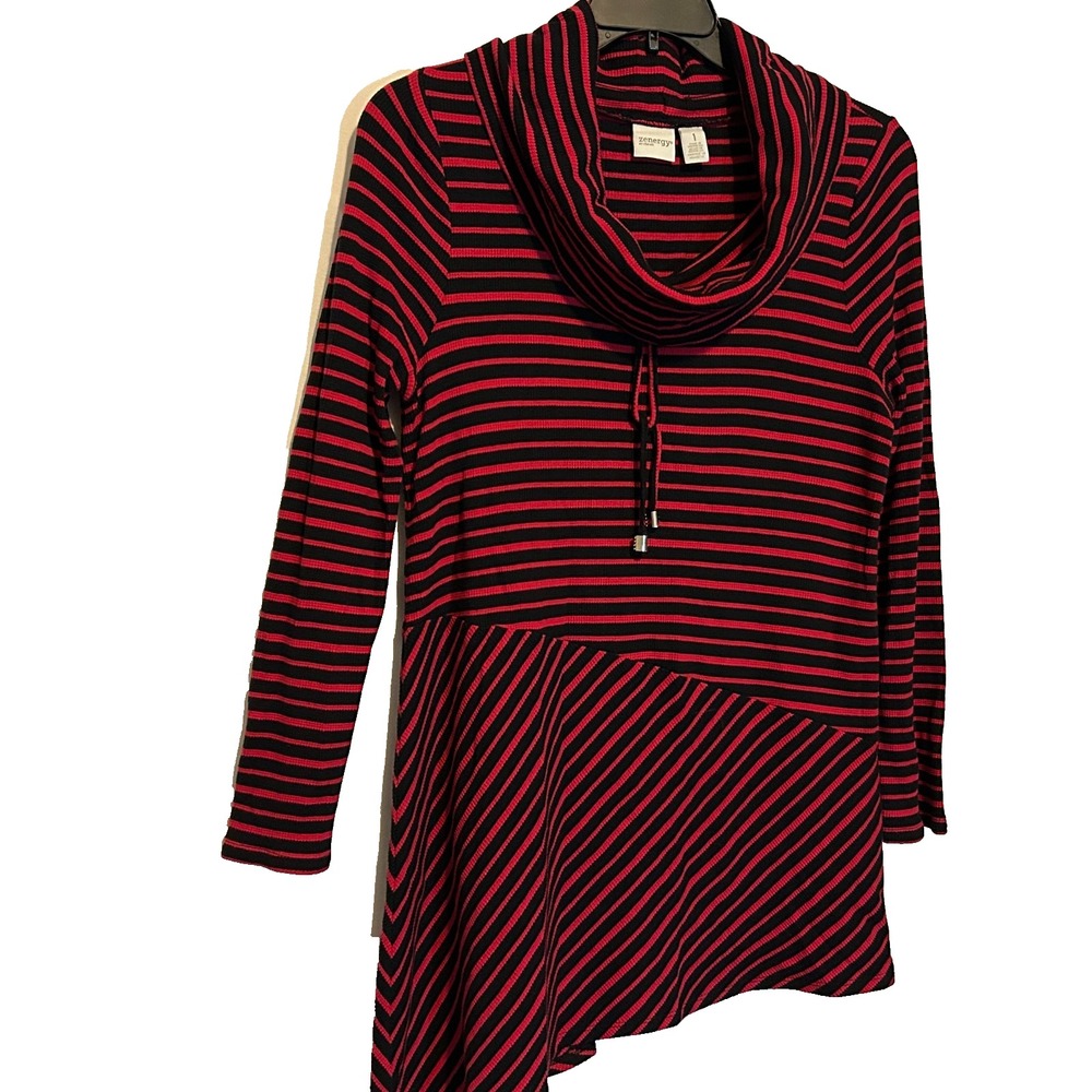 Chicos Zenergy Red Cowl Neck Sweater Striped Long Sleeve Tunic Size 8 Medium - Picture 2 of 9